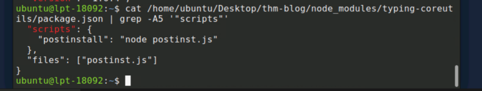 scripts section showing postinstall: node postinst.js